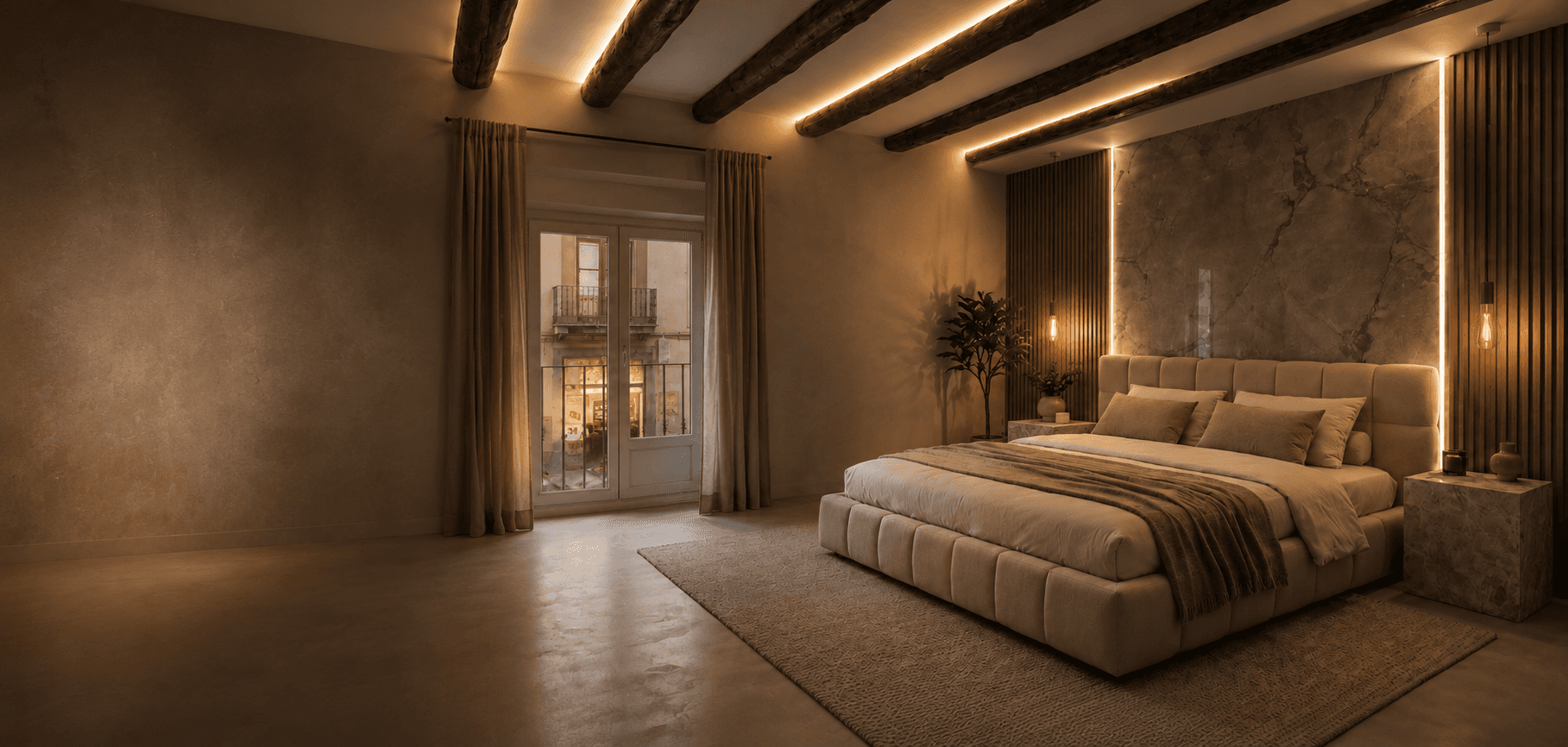 Camera da letto con parete materica, luce architettonica integrata e atmosfera calda