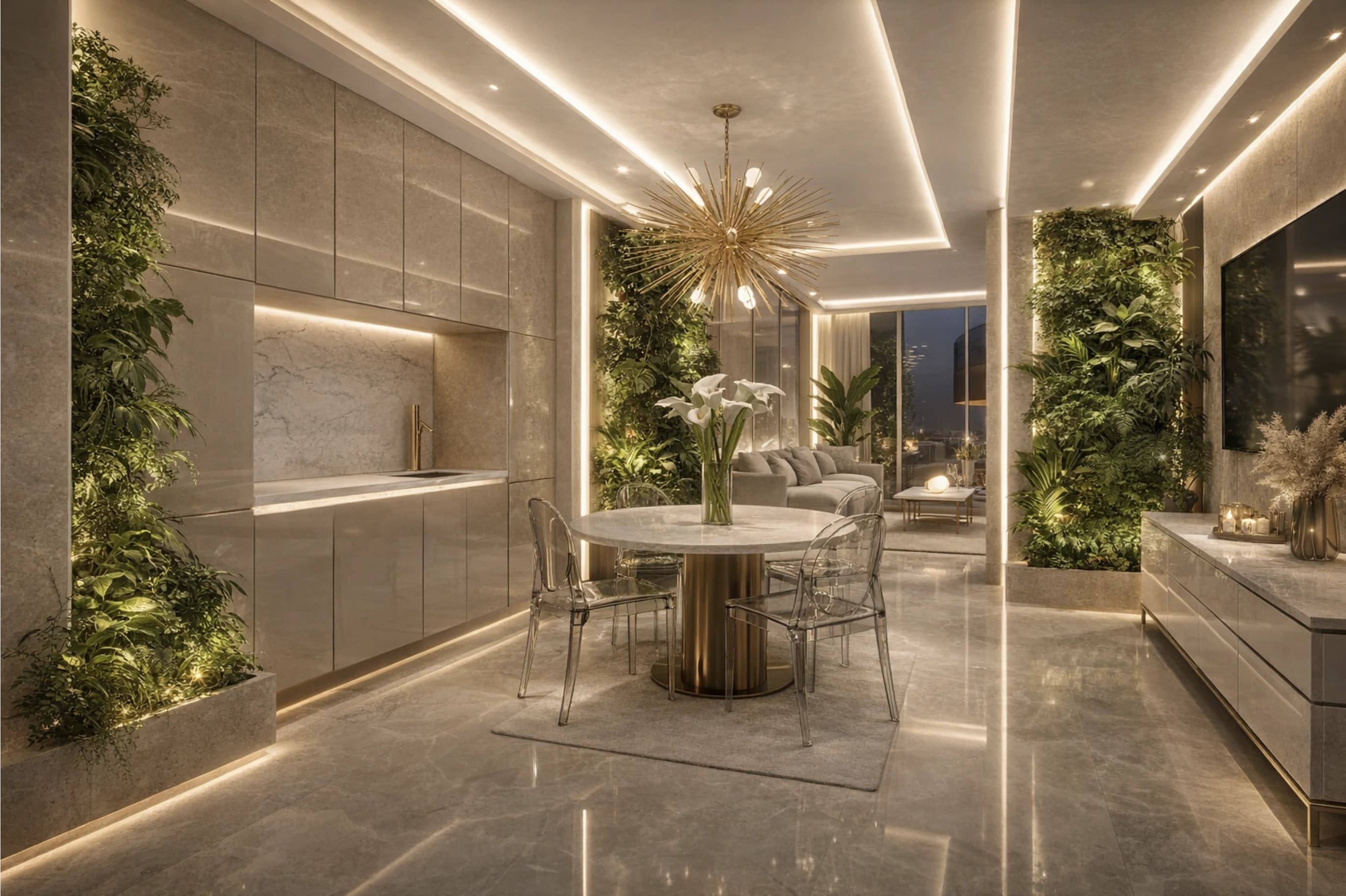 Ambiente con lampadario dorato a raggiera, pareti verdi verticali illuminate, tavolo rotondo centrale e superfici in pietra