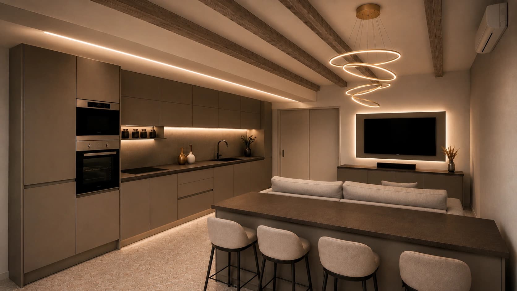 Imbonati 15, cucina lineare color tortora con penisola, quattro sgabelli, lampadario scultoreo e zona TV sul fondo