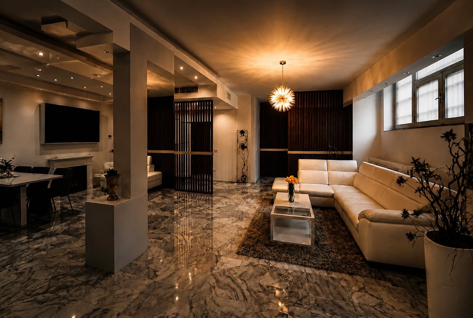 La Galleria dopo la trasformazione in residenza hospitality, con living, parete listellata e lampadario Dandelion